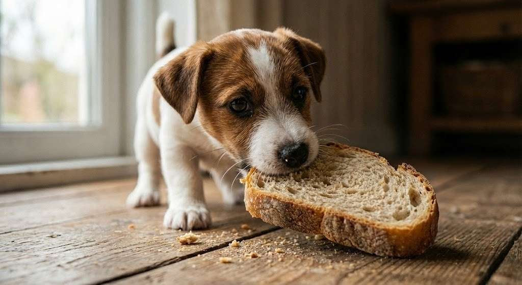 Mały piesek jedzący kromkę chleba