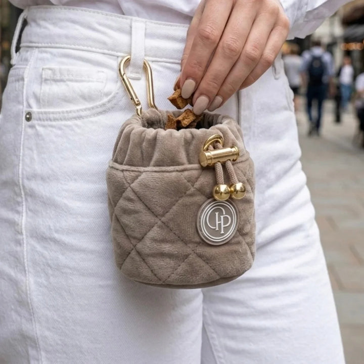 Welurowa saszetka na smaczki dla psa - beżowa