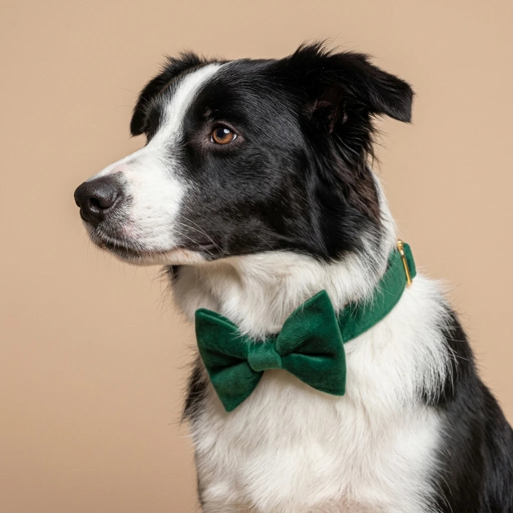 Welurowa obroża z muszką dla psa - butelkowa zieleń – border collie z muszką