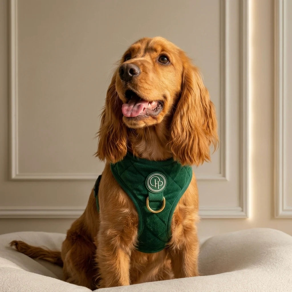 Welurowe szelki bezuciskowe dla psa - butelkowa zieleń – cocker spaniel