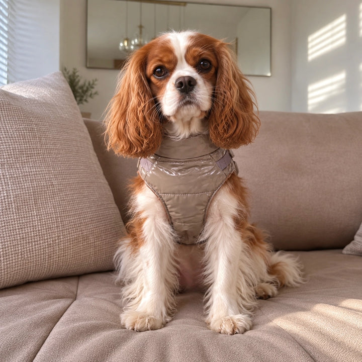 Kurtka dla psa zimowa 2w1 ocieplana wodoodporna - Beżowa – cavalier king charles spaniel na kanapie