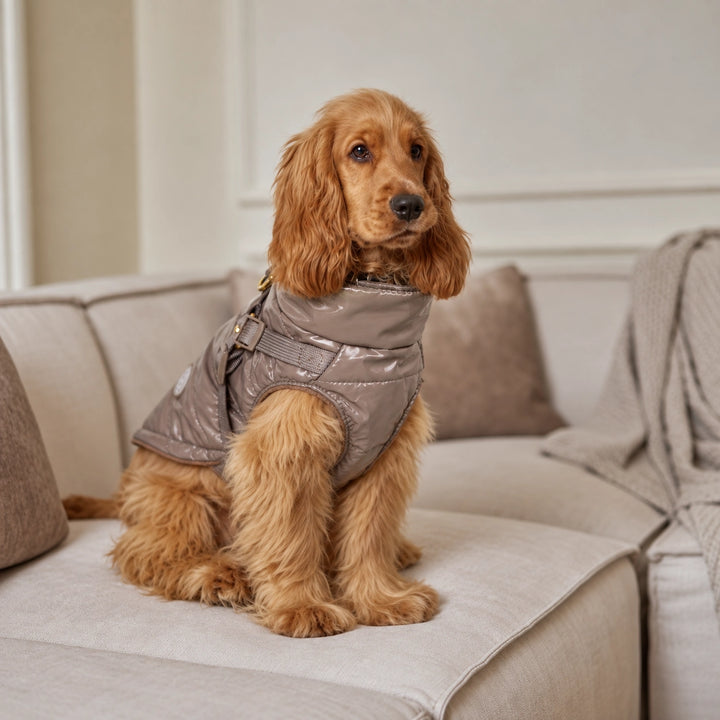 Kurtka dla psa zimowa 2w1 ocieplana wodoodporna - Beżowa – cocker spaniel na kanapie